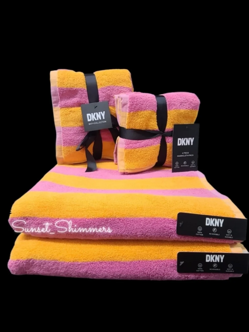 8pc DKNY Summer Pink Orange Cabana Stripe Striped Bath Hand Washcloth Towel Set
